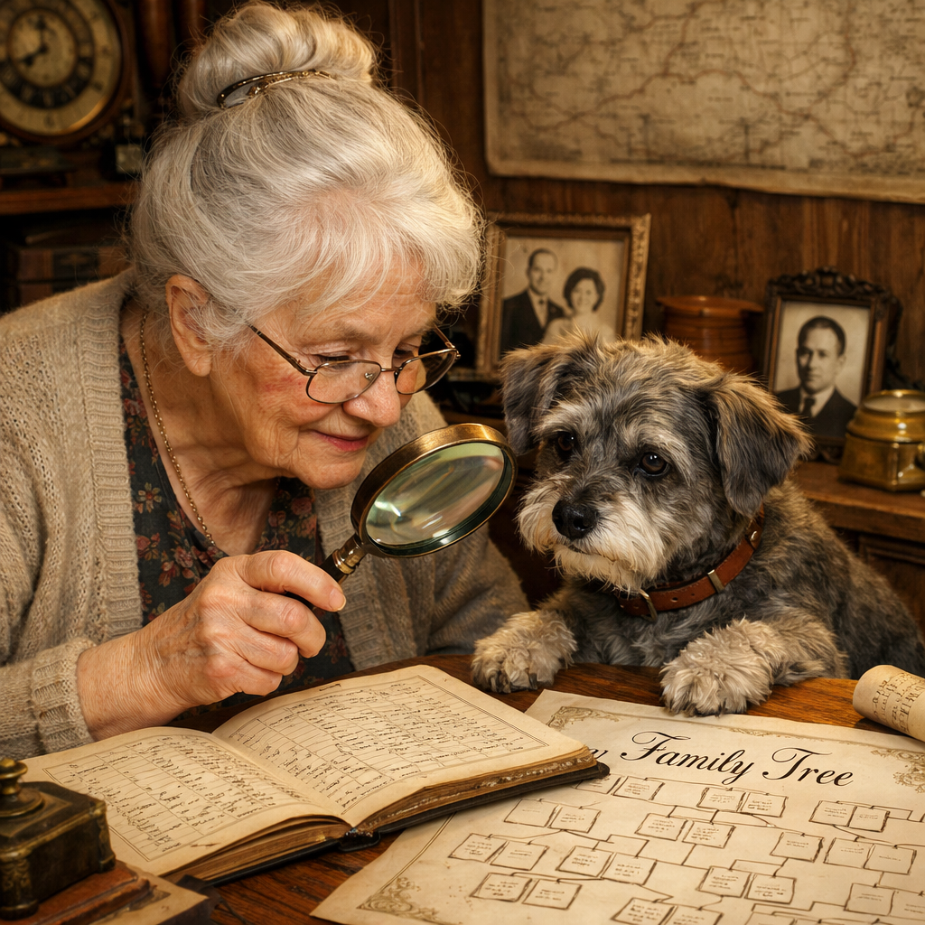 The Record Lady doing research with her dog, illustration