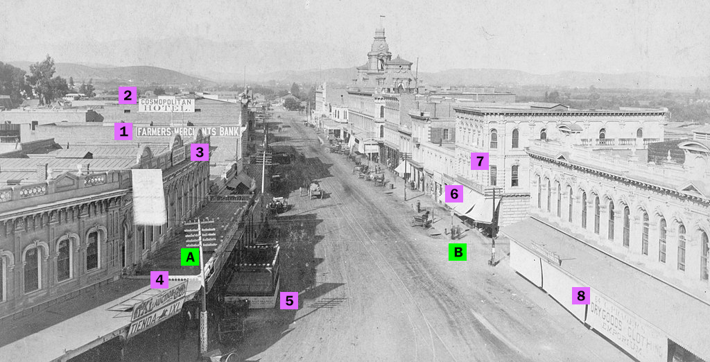 Business signs on Main St Los Angeles in 1886