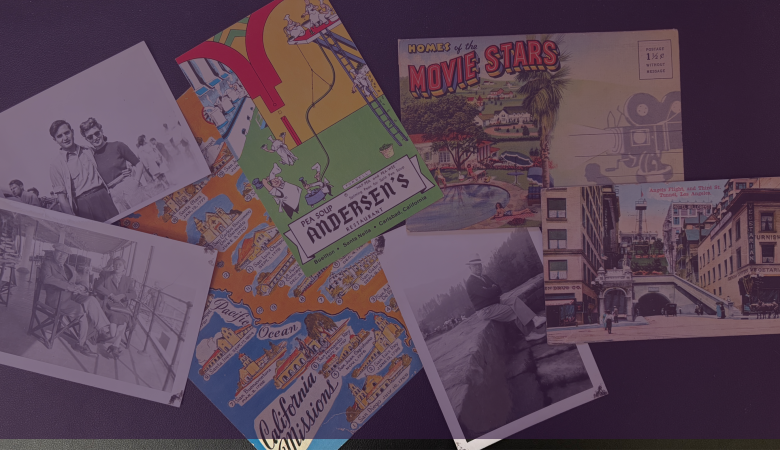 California postcards of missions, Anderson Pea Soup, Stars Homes, family photos