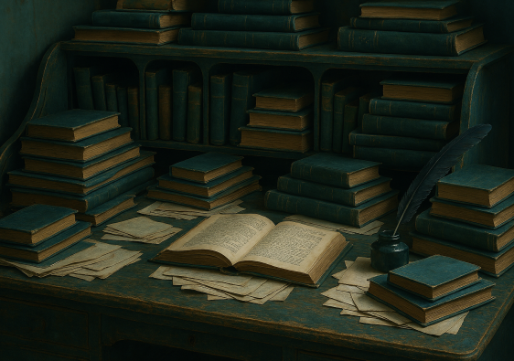 Desk with books and papers