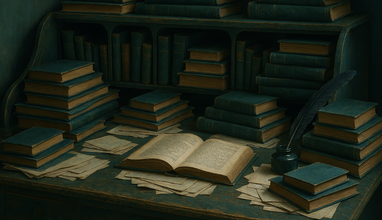 Desk with books and papers