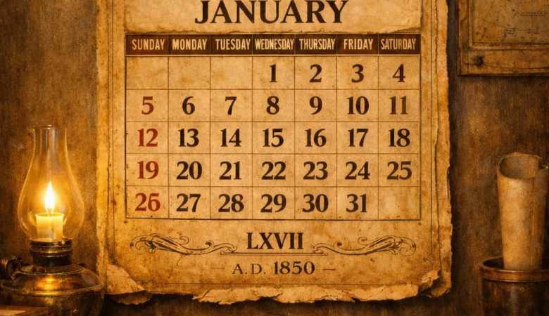 Old fashioned wall calendar over a desk showing January 1st