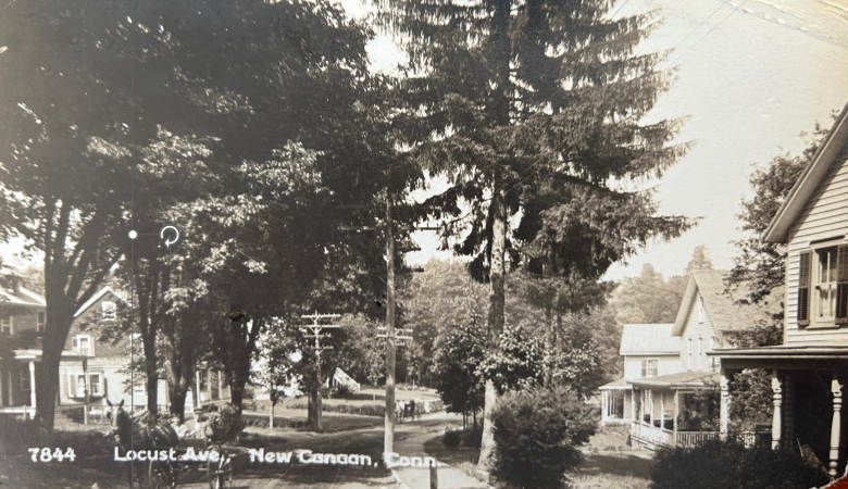 Black and white postcard scene of houses on Locust Ave New Canaan CT