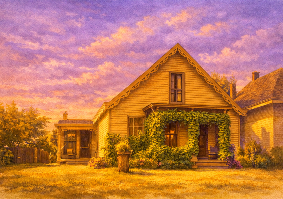 Little vine covered house with ginger bread trim