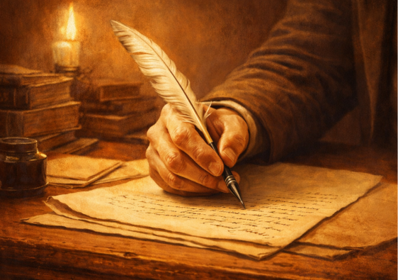 Illustration of a hand writing or signing a document with a quill by candlelight