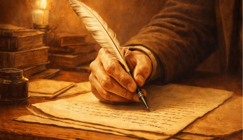 Illustration of a hand writing or signing a document with a quill by candlelight
