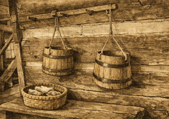 two bucket hanging outside a log cabin