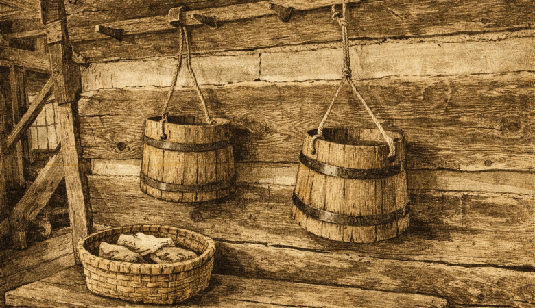 two bucket hanging outside a log cabin