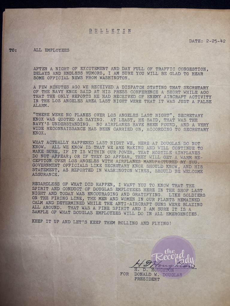 Typed Douglas Aircraft Company bulletin to all employees, dated 25 February 1942, reporting that Secretary of the Navy Knox called the raid a false alarm