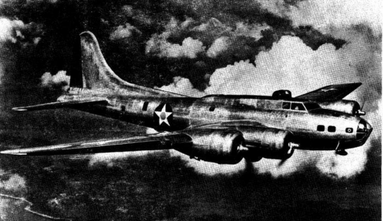 Black-and-white photograph of a B-17E Flying Fortress bomber in flight among clouds, with a U.S. star insignia on its fuselage, from the 1942 Air Forces News Letter.