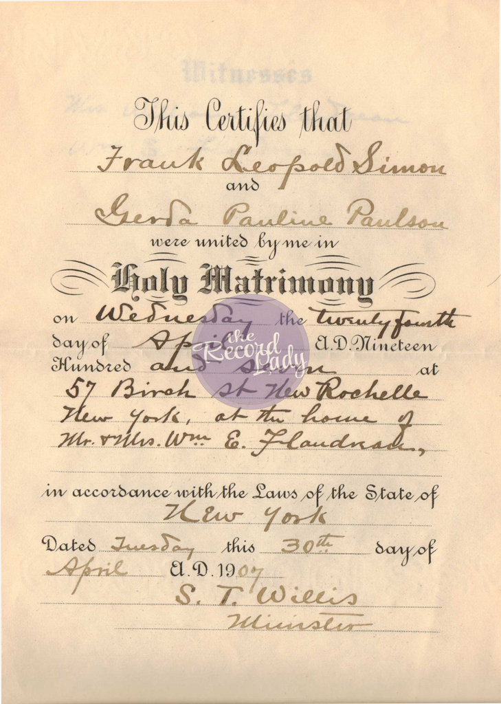 minister's record of marriage