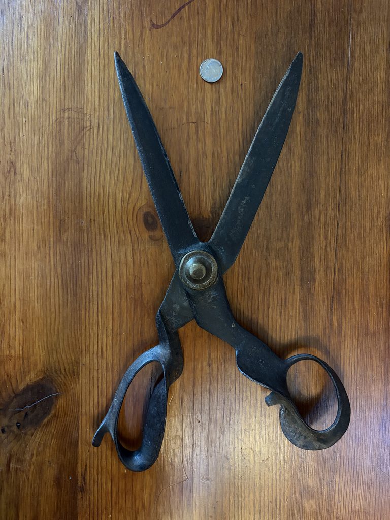 Large Antique Tailor Shears with Dime for perspective