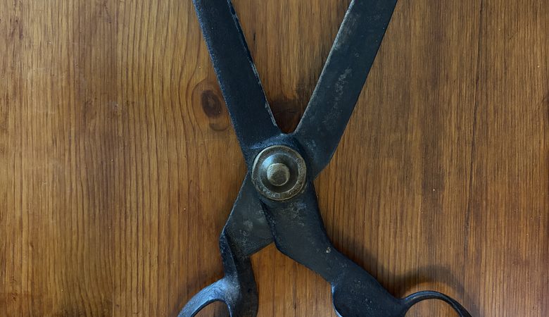 Large Antique Tailor Shears with Dime for perspective